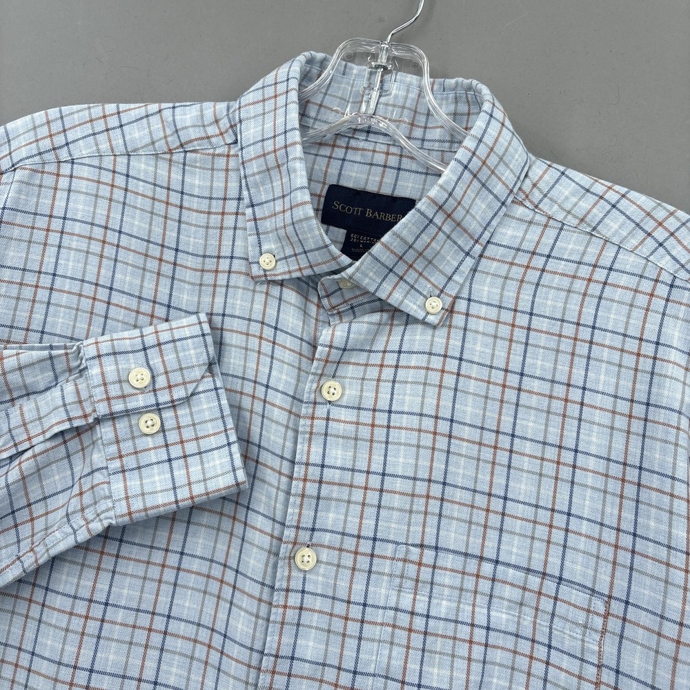 Scott Barber Shirt Mens Large Blue Check Flannel Merino‎ Button Down Long Sleeve